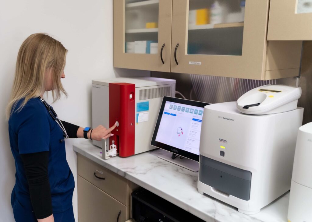 Vet technician using IDEXX analyzer in clinic lab